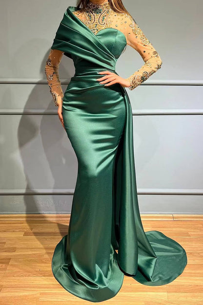 Gorgeous Long Sleeves Crystal Mermaid Prom Dress High Neck With Ruffles ED0109