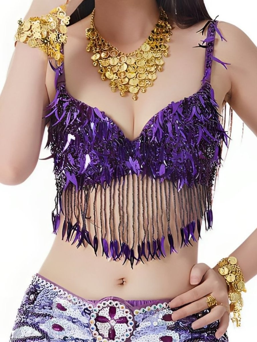 Belly Dancewear Chili Pepper Tassel Sleeveless Bra with Sequins & Beading