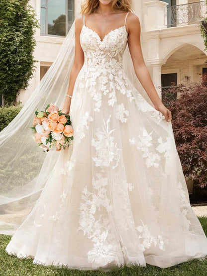 A-Line/Princess V-Neck Floor-length Wedding Dress