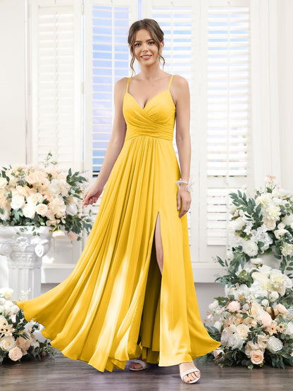 A-Line/Princess V-Neck Spaghetti Straps Sleeveless Floor-Length Chiffon Bridesmaid Dresses with Split Side