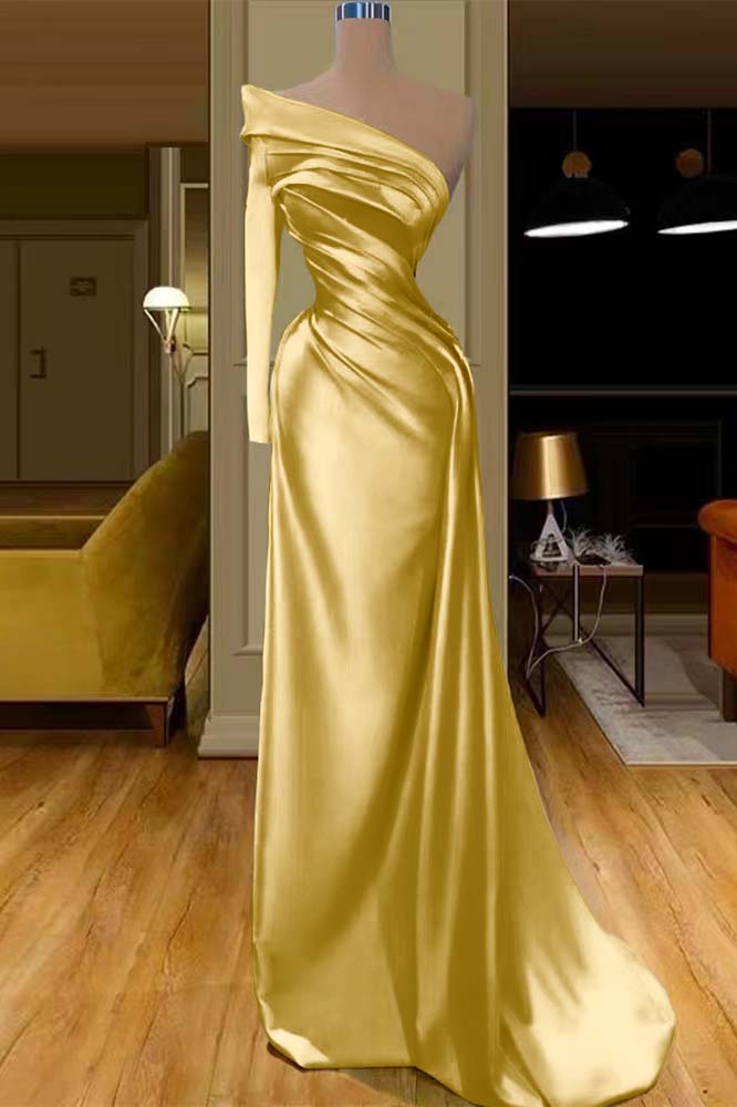 Champagne One Shoulder Long Sleeves Prom Dress Mermaid PD0707