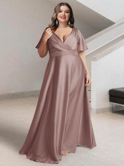 A-Line/Princess V-Neck Short Sleeves Silk Satin Plus Size Bridesmaid Dresses with Pockets