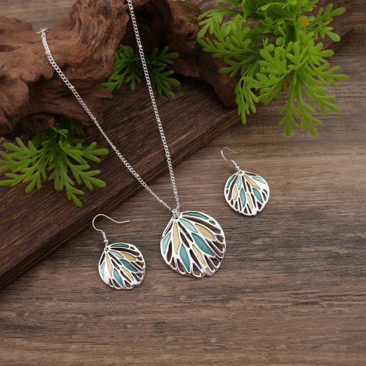 Stylish Elegant Enamel Leaf Earrings Necklace Two Pieces Jewelry Set