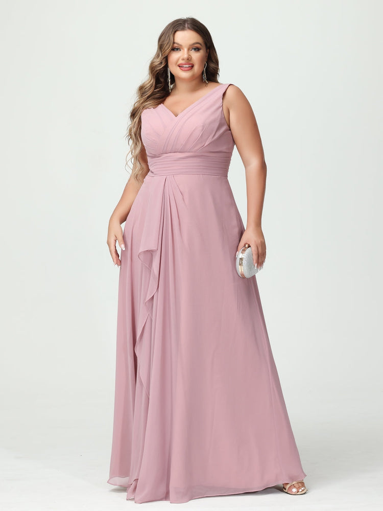 A-Line/Princess V-Neck Sleeveless Chiffon Ruffles Plus Size Bridesmaid Dresses with Pockets & Ruffles