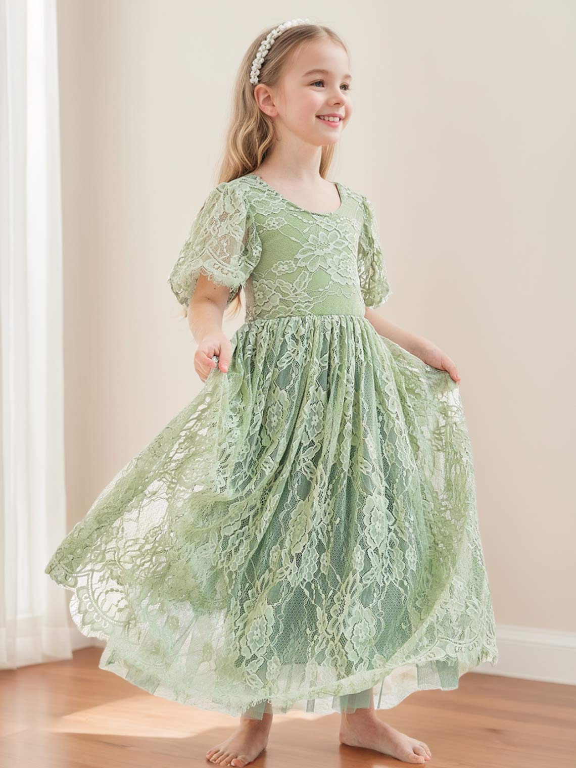 A-line Lace Ankle-length Ivory Boho Flower Girl Dress