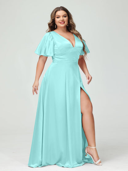 A-Line V-Neck Half Sleeves Silk Satin Plus Size Bridesmaid Dresses with Pockets