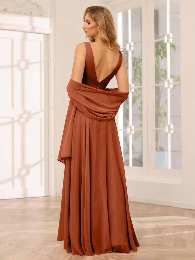 A-Line/Princess V-Neck Sleeveless Floor-Length Asymmetrical Bridesmaid Dresses with Ruffles