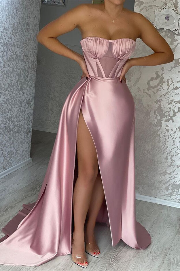 Stunning Pink Strapless Mermaid Prom Dress Pleats Ruffles With Slit ED0495