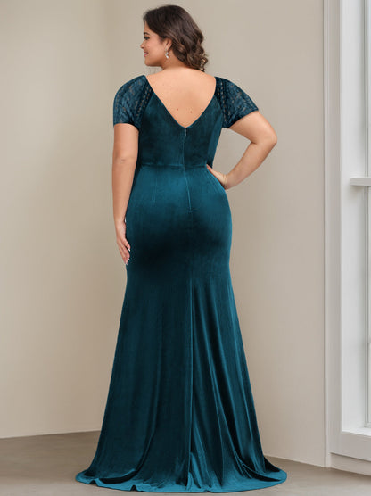 Trumpet/Mermaid V-Neck Short Sleeves Floor-Length Plus Size Velvet Mother of the Bride Dresses with Ruffles & Appliques