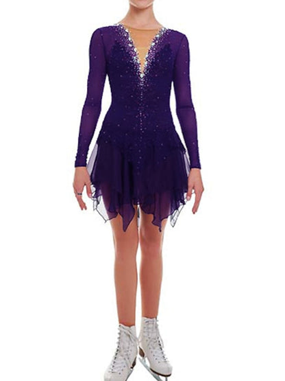 Figure Skating Dress Women's Girls' Ice Mesh Spandex High Elasticity Crystal/Rhinestone Long Sleeve Ice Skating Dress