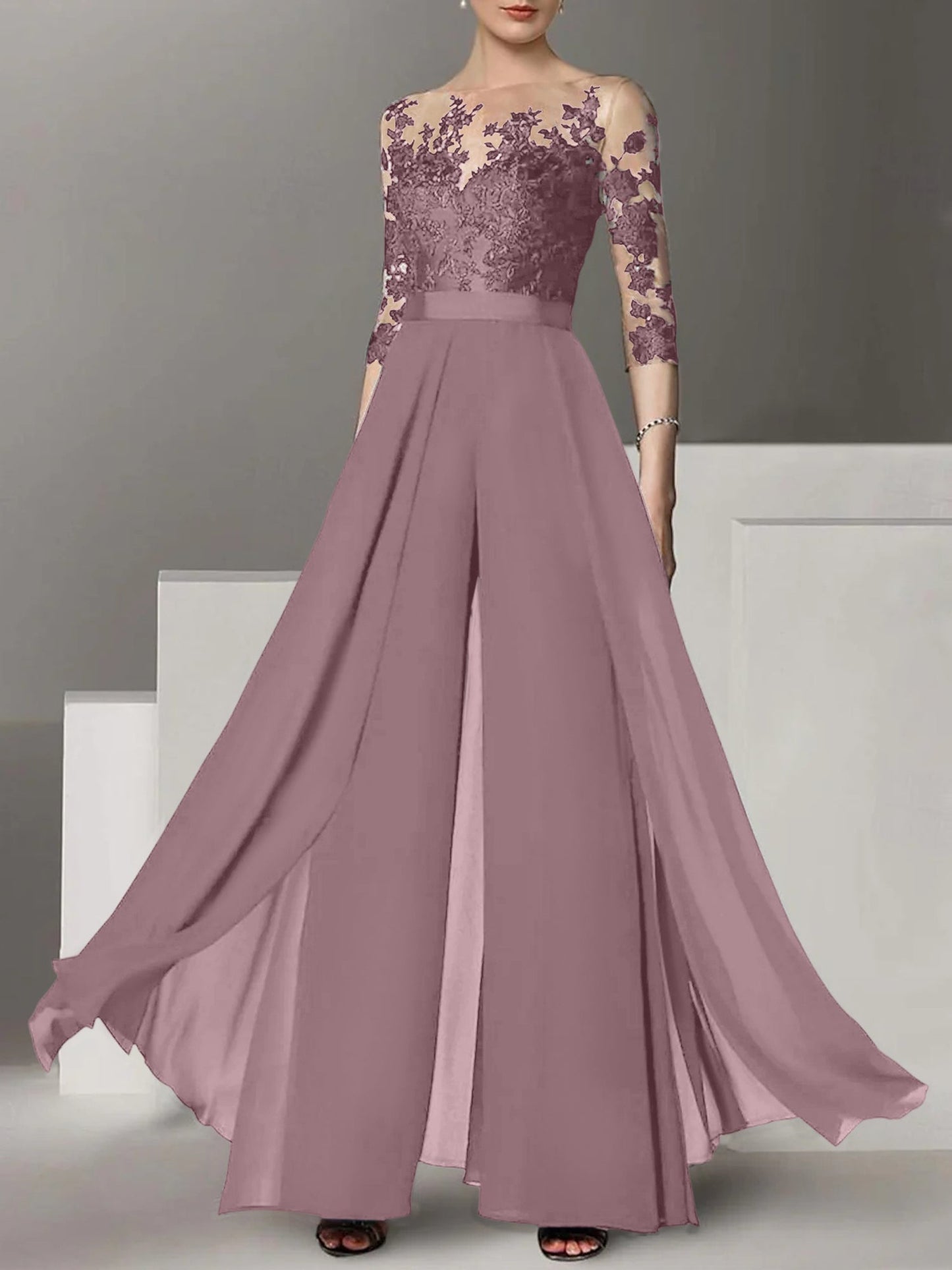 A-Line/Princess Jewel Neck 3/4 Length Sleeves Floor-Length Mother of the Bride Pantsuits with Applique