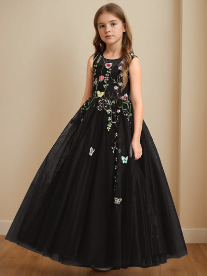 A-Line/Princess Scoop Neck Sleeveless Floor-Length Flower Girl Dress with Embroidery