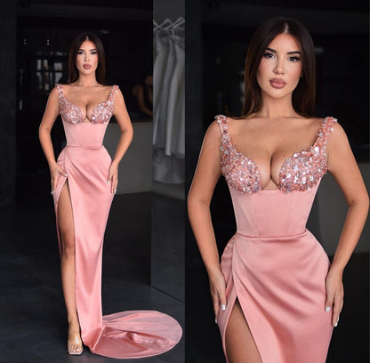 Beautiful Pink Prom Dress Sequins Spaghetti Strap With Slit Satin YL0269