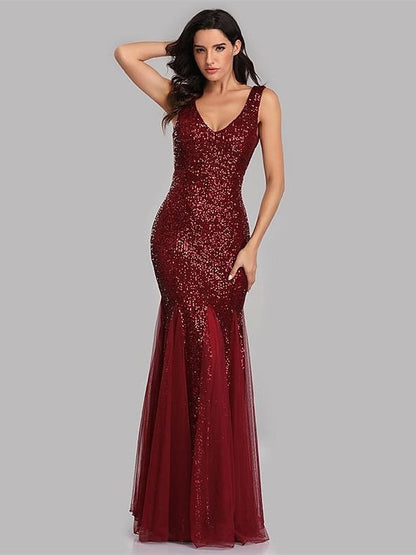 Mermaid/Trumpet V-Neck Sleeveless Floor-Length Party Cocktail Dress with Sequins