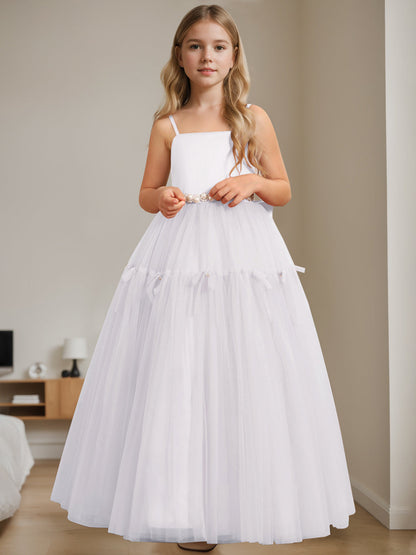 A-Line/Princess Square Neck Sleeveless Floor-Length Flower Girl Dress with Beading