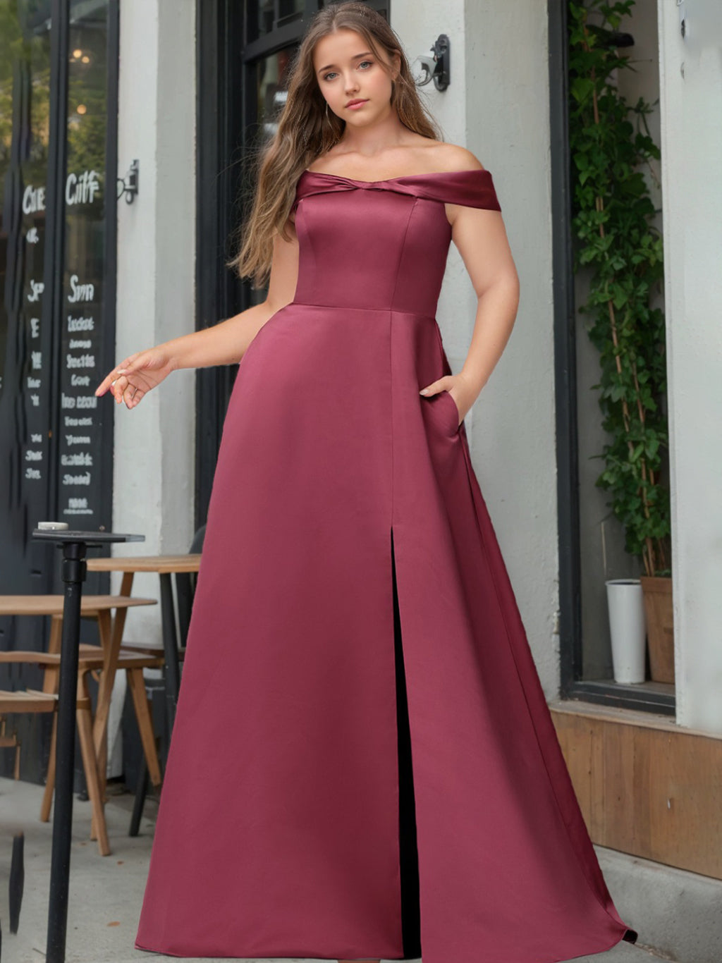 A-Line/Princess Off-the-Shoulder Floor-Length Satin Plus Size Bridesmaid Dresses with Split Side