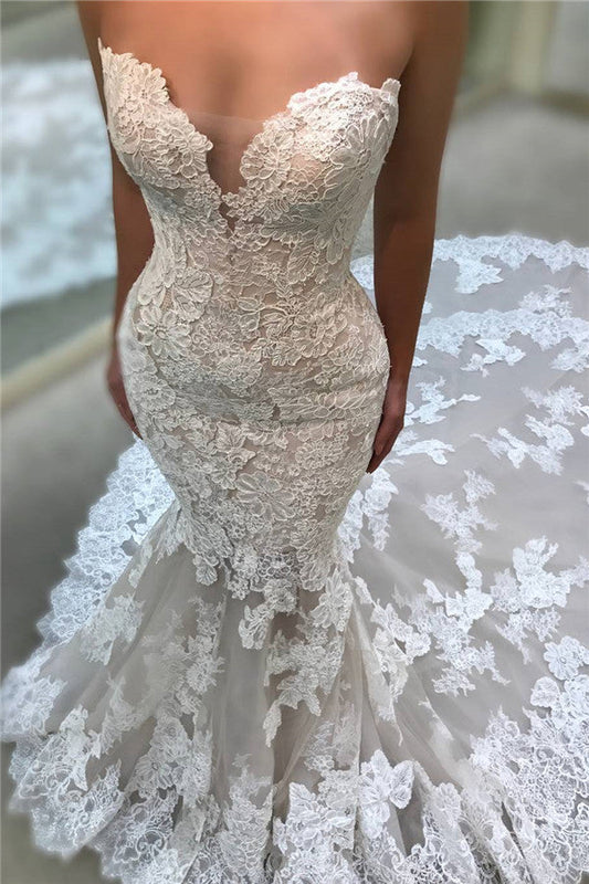 Backless Strapless Modern Mermaid Wedding Dresses Cathedral Train Lace Dresses for Weddings