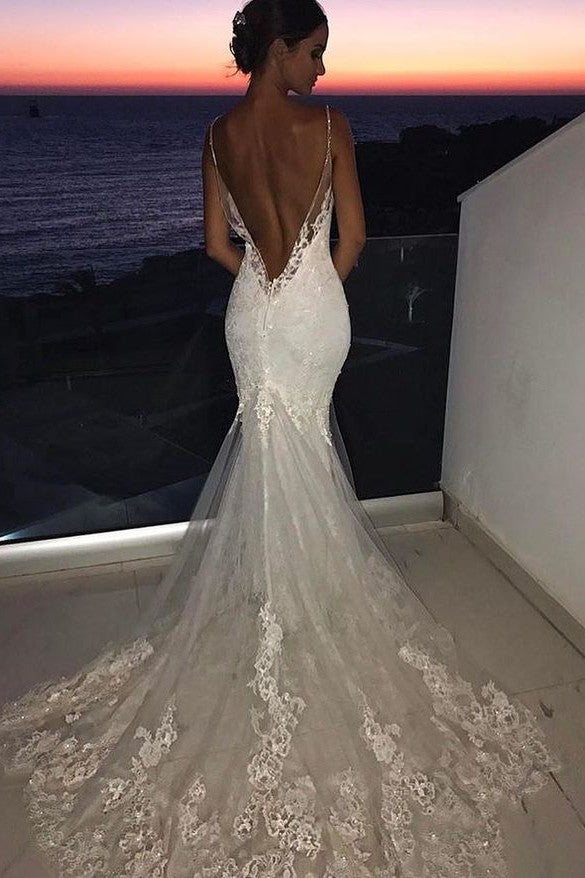 Backless Wedding Dresses Lace Mermaid Modern Spaghetti Straps Bride Dress