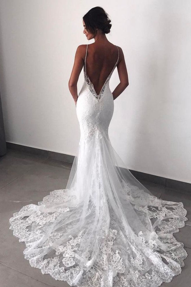 Backless Wedding Dresses Lace Mermaid Modern Spaghetti Straps Bride Dress