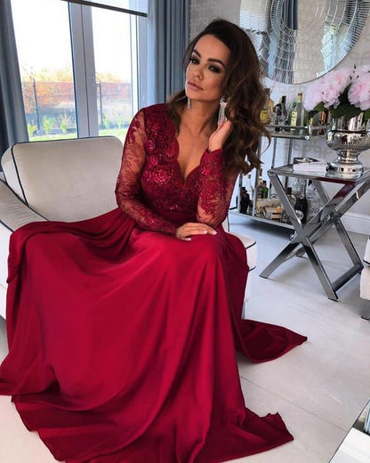 Long Sleeve V-Neck Lace Prom Dress With Slit PD0186