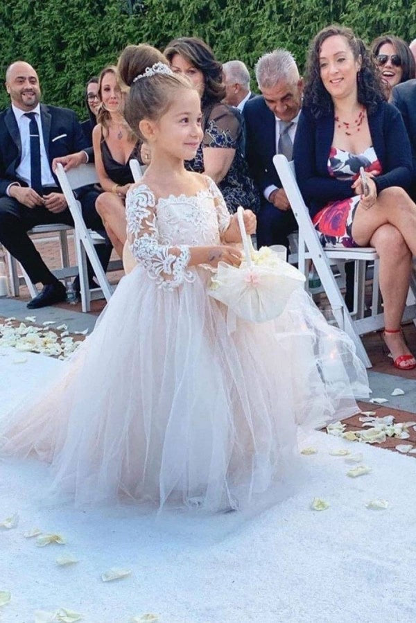 Ball Gown Long Sleeve Strapless Floor Length Tulle Applique With Back Bow Flower Girl Dress