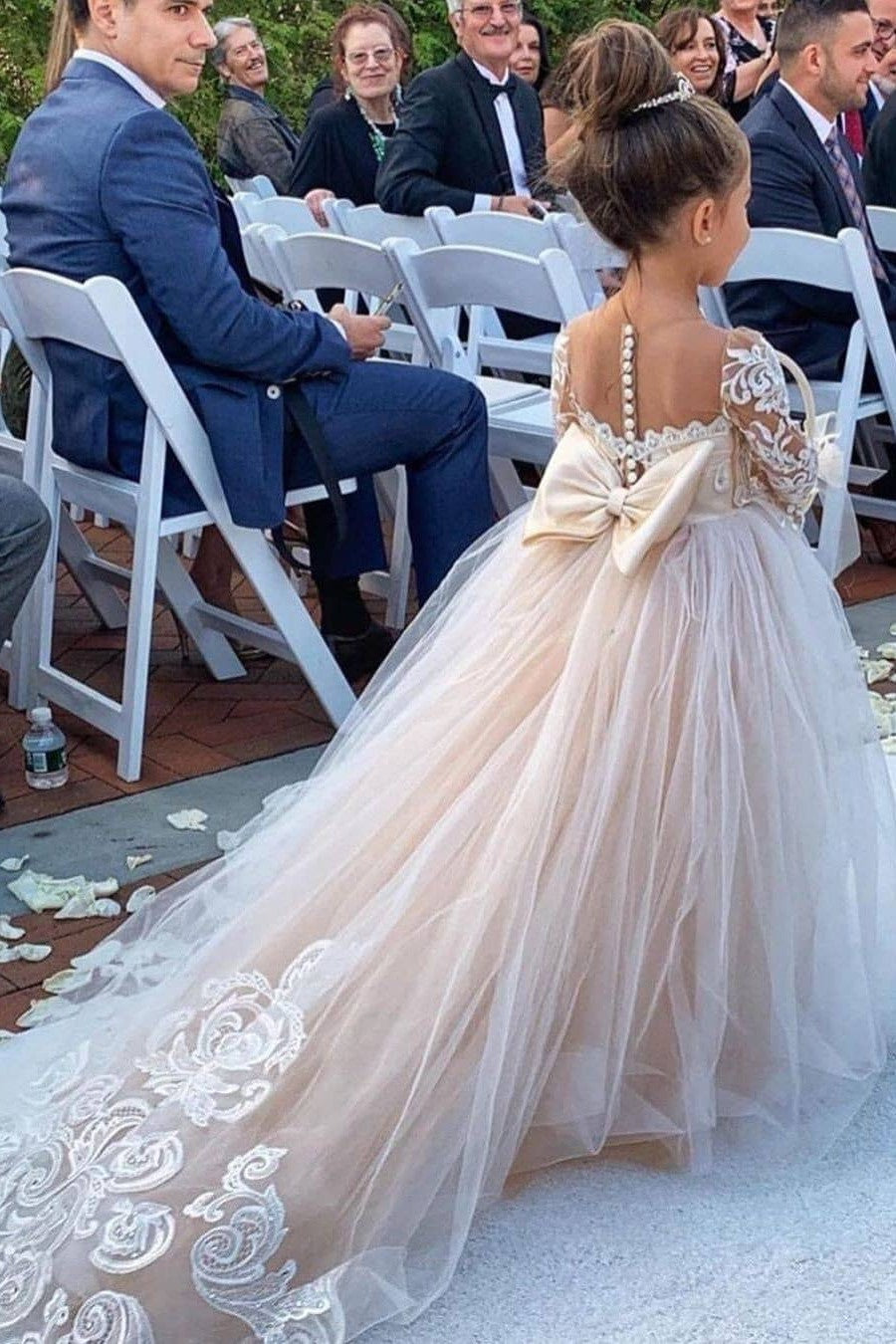 Ball Gown Long Sleeve Strapless Floor Length Tulle Applique With Back Bow Flower Girl Dress