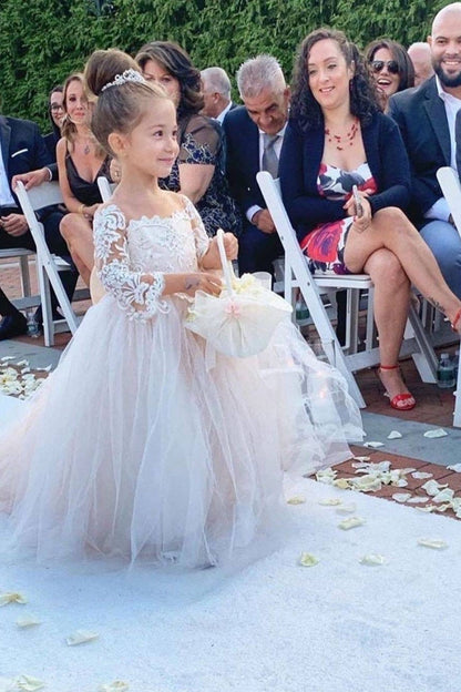 Ball Gown Long Sleeve Strapless Floor Length Tulle Applique With Back Bow Flower Girl Dress