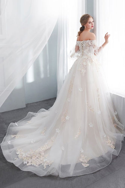 Ball Gown Off the shoulder Floor Length Appliques Tulle Wedding Dresses