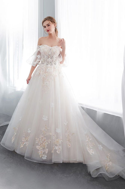 Ball Gown Off the shoulder Floor Length Appliques Tulle Wedding Dresses