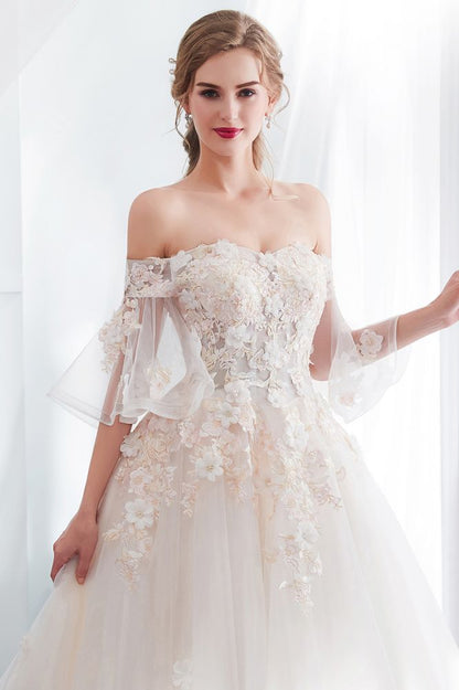 Ball Gown Off the shoulder Floor Length Appliques Tulle Wedding Dresses