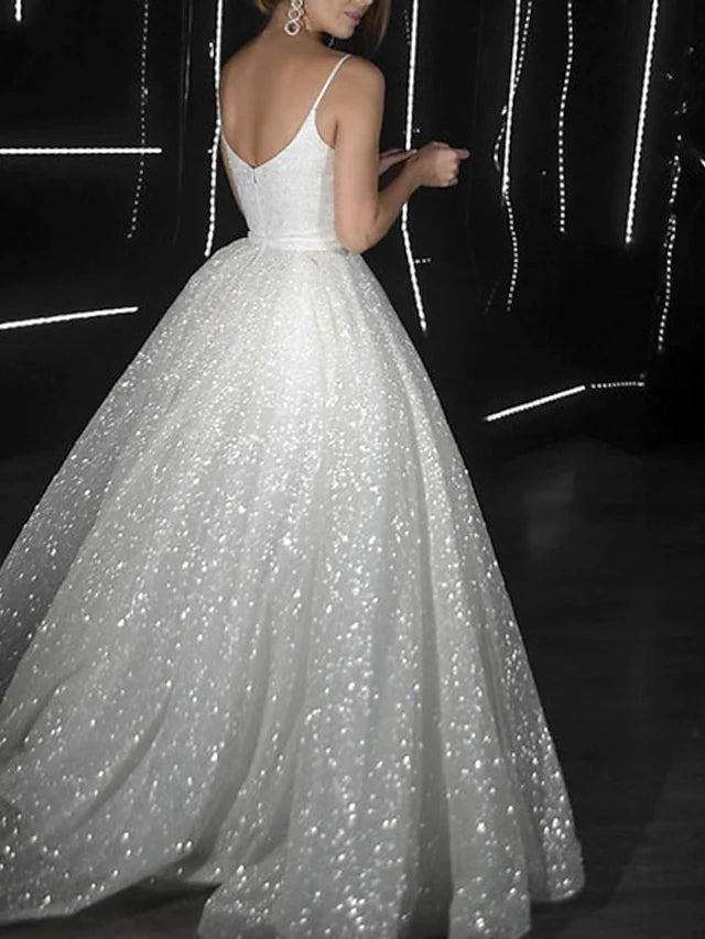 Noemi | Ball Gown Prom Dresses Glittering Dress Wedding Party Court Train Sleeveless Spaghetti Strap Tulle with Sequin