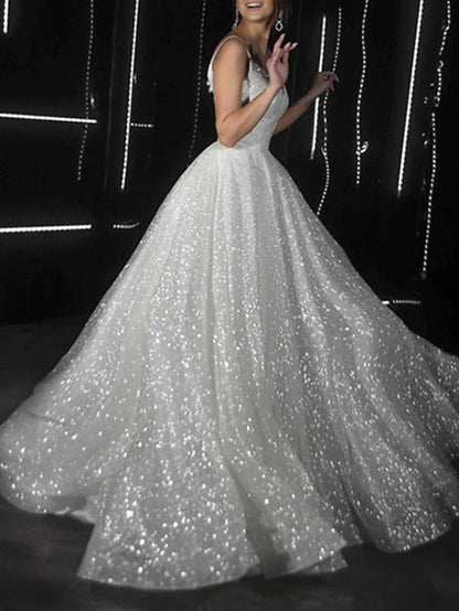 Noemi | Ball Gown Prom Dresses Glittering Dress Wedding Party Court Train Sleeveless Spaghetti Strap Tulle with Sequin