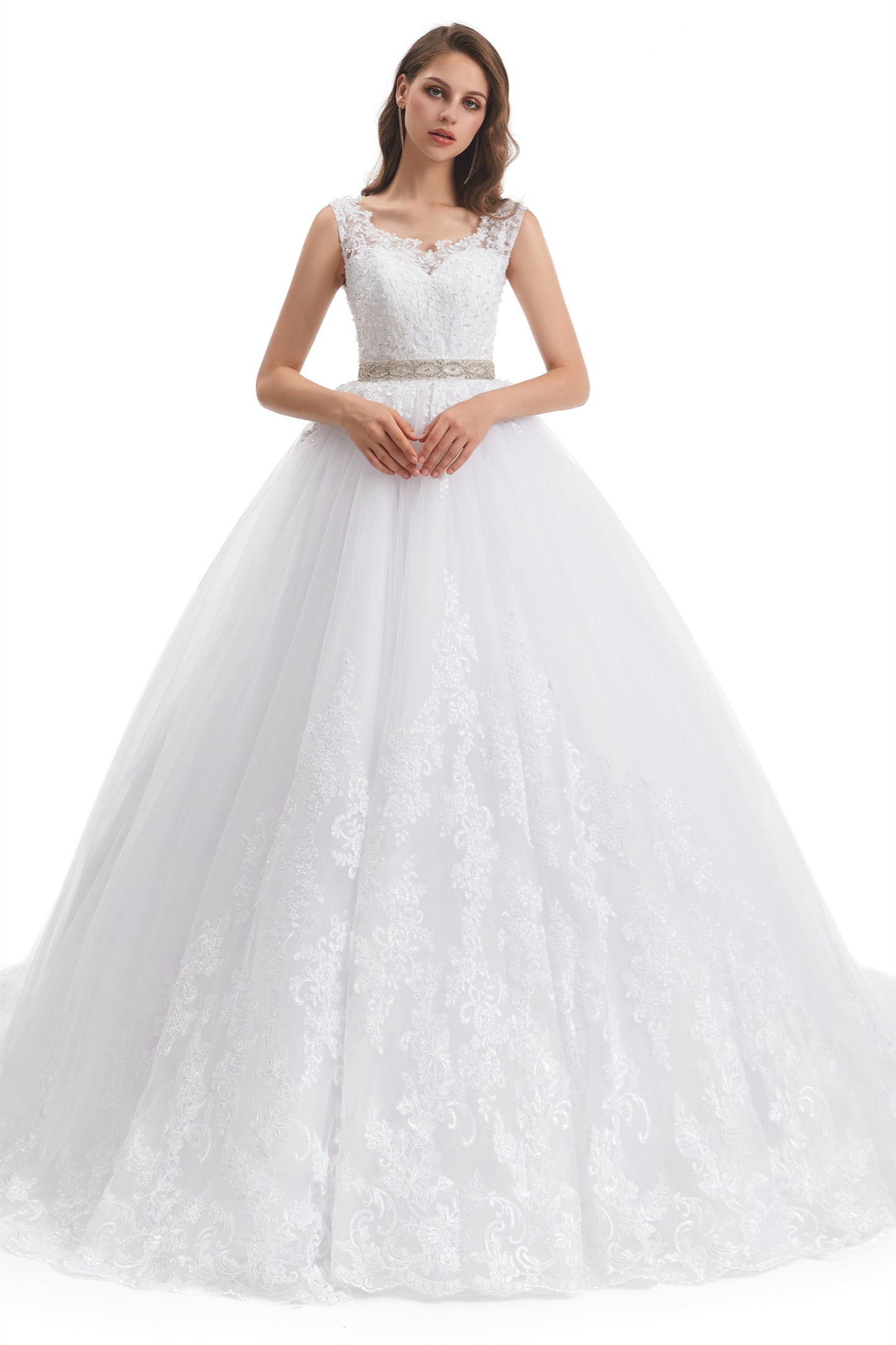 Ball Gown Round Sequined Floor-length Sleeveless Open Back Appliques Lace Wedding Dress