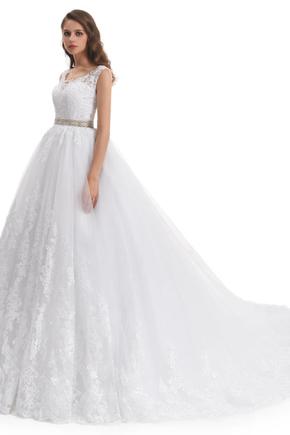 Ball Gown Round Sequined Floor-length Sleeveless Open Back Appliques Lace Wedding Dress