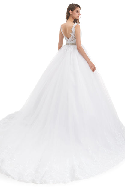 Ball Gown Round Sequined Floor-length Sleeveless Open Back Appliques Lace Wedding Dress