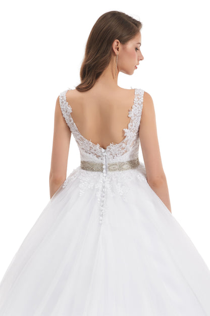 Ball Gown Round Sequined Floor-length Sleeveless Open Back Appliques Lace Wedding Dress