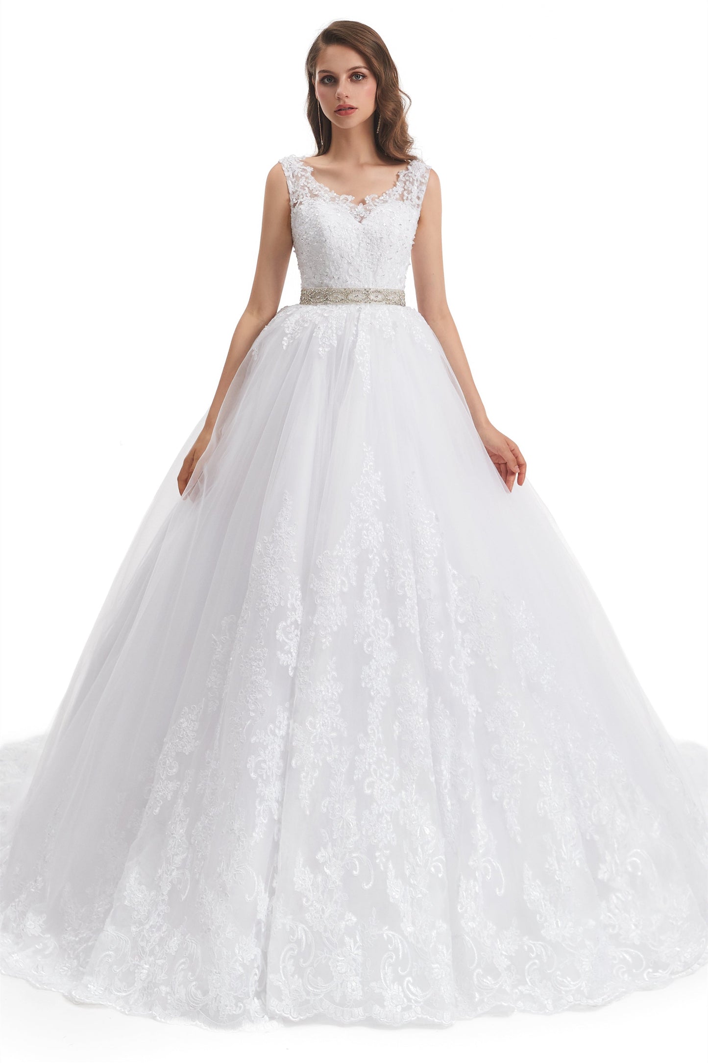 Ball Gown Round Sequined Floor-length Sleeveless Open Back Appliques Lace Wedding Dress