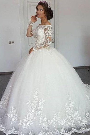 Ball Gown Strapless Portrait Floor Length Tulle Crochet Flower Wedding Dress