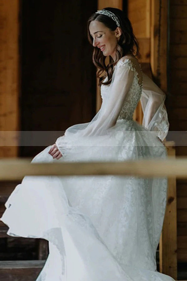 Bateau Tulle A Line Lace Long Sleevess Chapel Train White Wedding Dresses