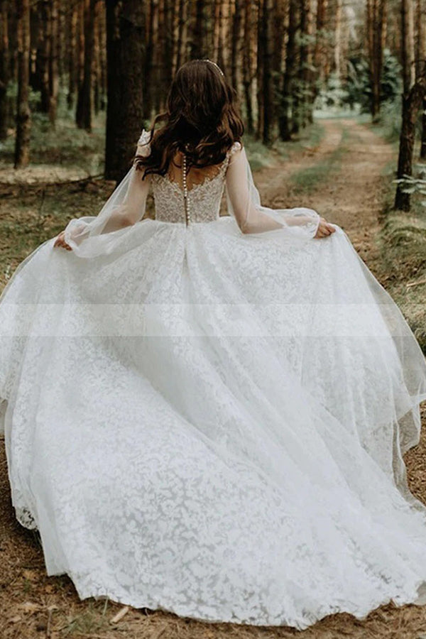 Bateau Tulle A Line Lace Long Sleevess Chapel Train White Wedding Dresses