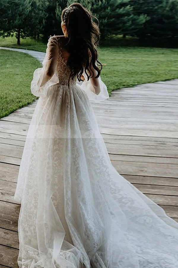 Bateau Tulle A Line Lace Long Sleevess Chapel Train White Wedding Dresses