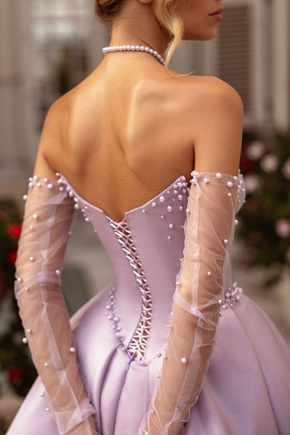 Strapless Pale Purple Pearls Beaded Long Split Prom Dress ZT0242