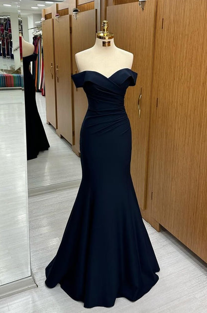 Long Mermaid Prom Dress Navy Blue  Off-the-shoulder Sweetheart Sleeveless YL0305