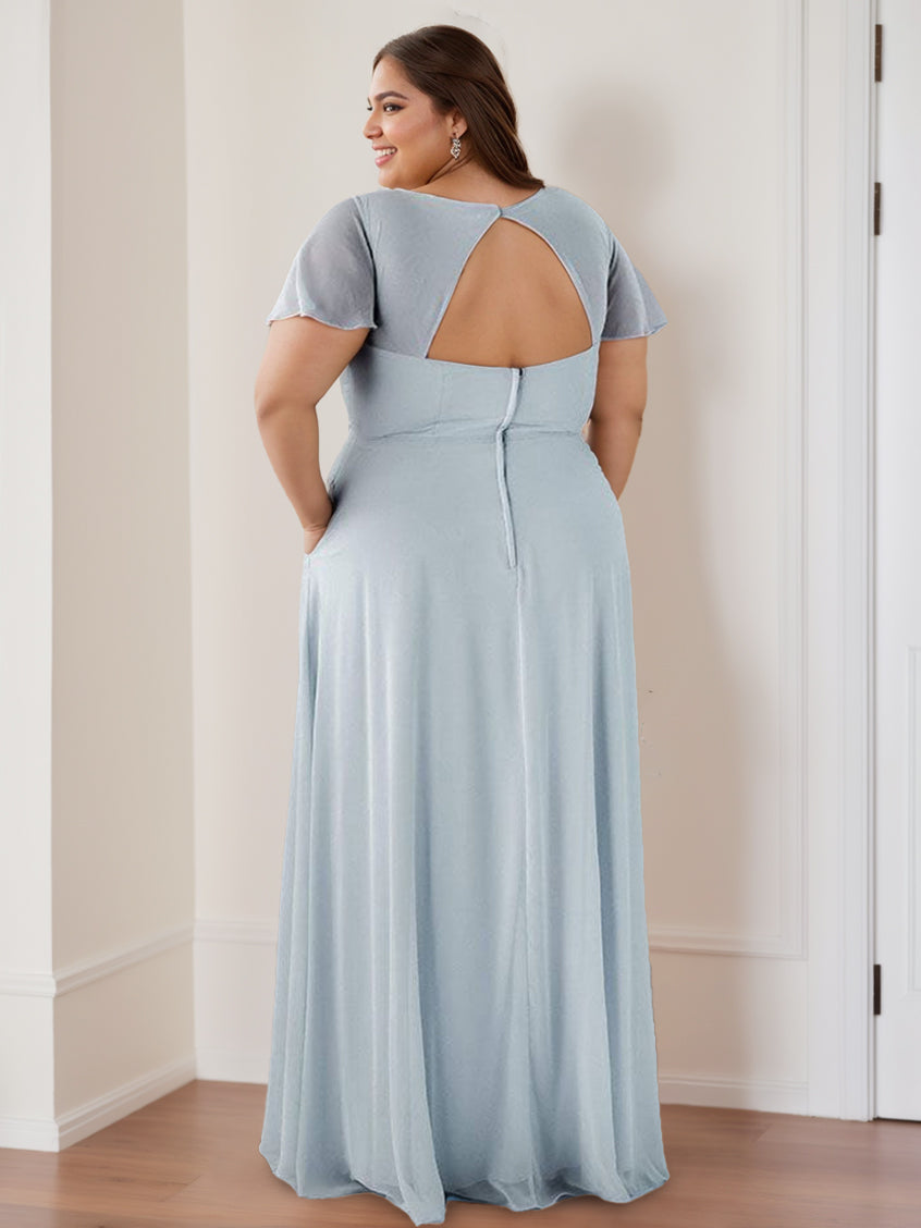 A-Line/Princess V-Neck Flutter Sleeves  Floor-Length Bridesmaid Dresses with Ruching