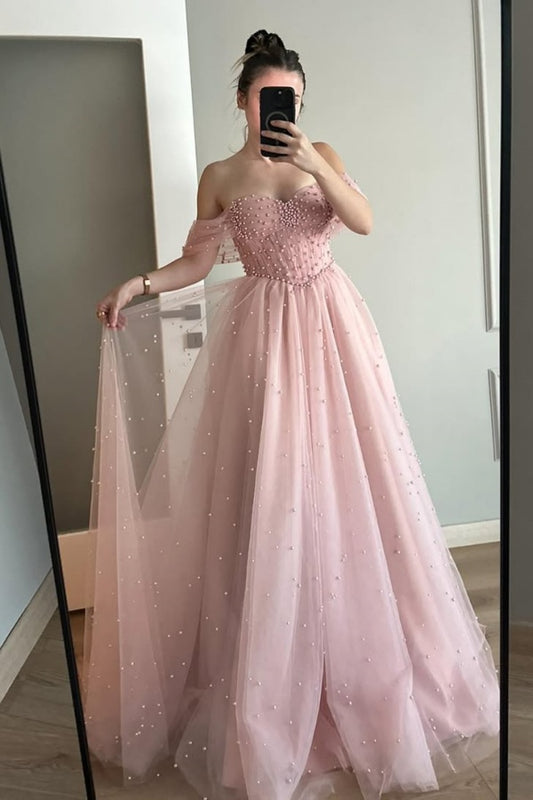 Pink Pearls Beaded Off-The-Shoulder Mesh Sweetheart Prom Dress ZT0328