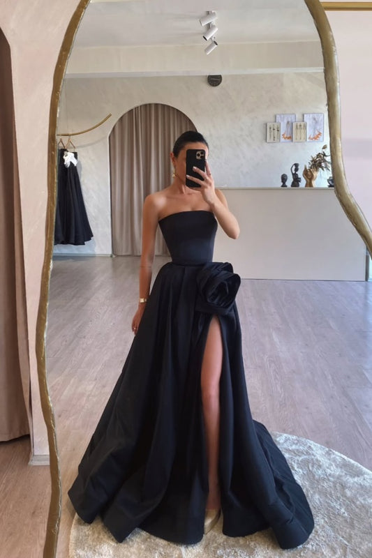 Formal Black A-Line Split Strapless Prom Dress ZT0536