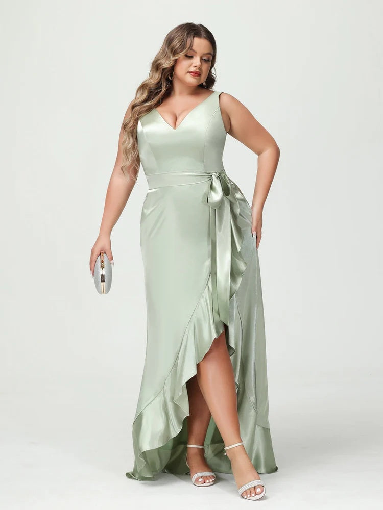 Sheath/Column V-Neck Sleeveless Ruffles High Low Plus Size Dresses with Pockets & Sash