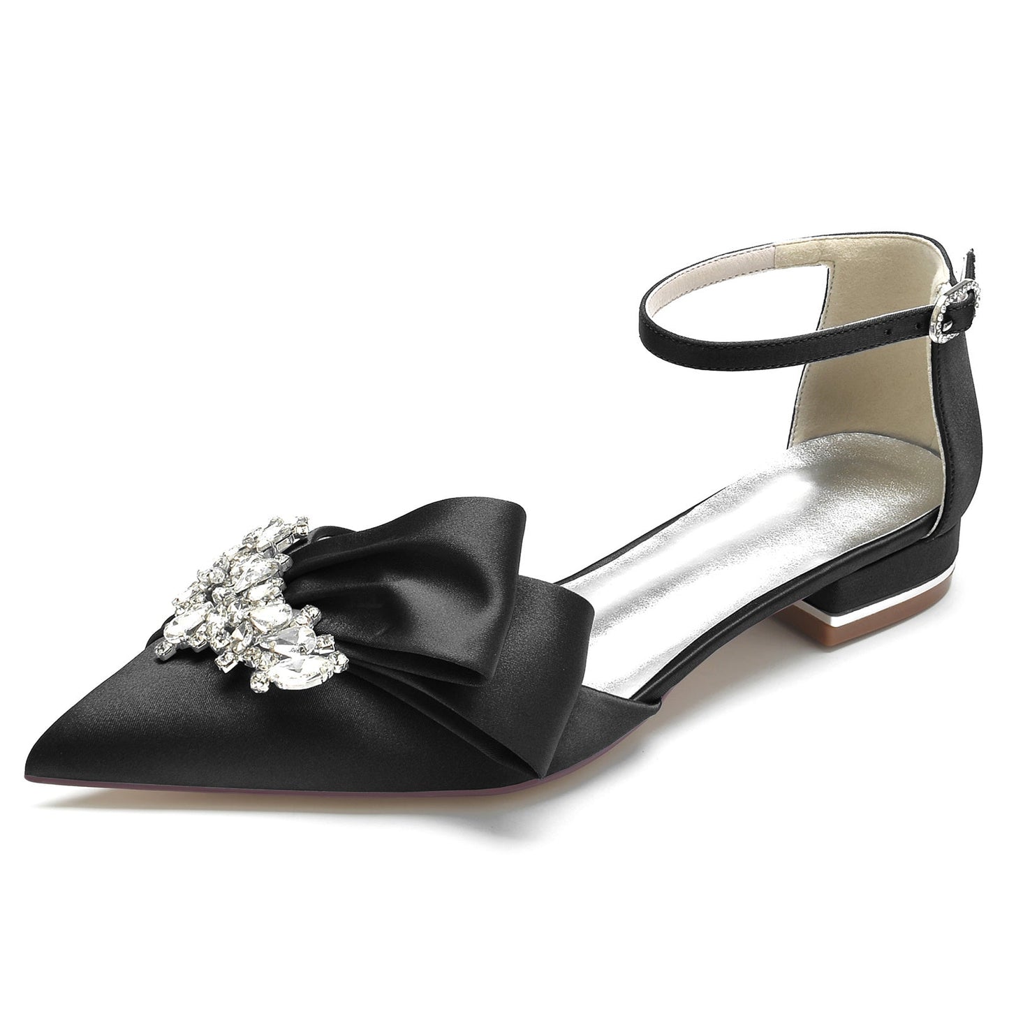 Women's Wedding Shoes White Rhinestone Silk Satin Bow Low Pointed Toe Bridal Shoes