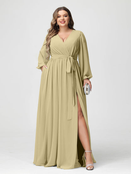 A-Line/Princess V-Neck Long Sleeves Chiffon Plus Size Bridesmaid Dresses with Pockets