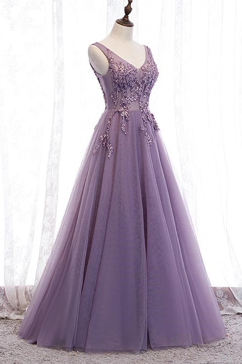 Edgynewlook Purple Applique Long A-line Prom Dress With V-Neck Open Back